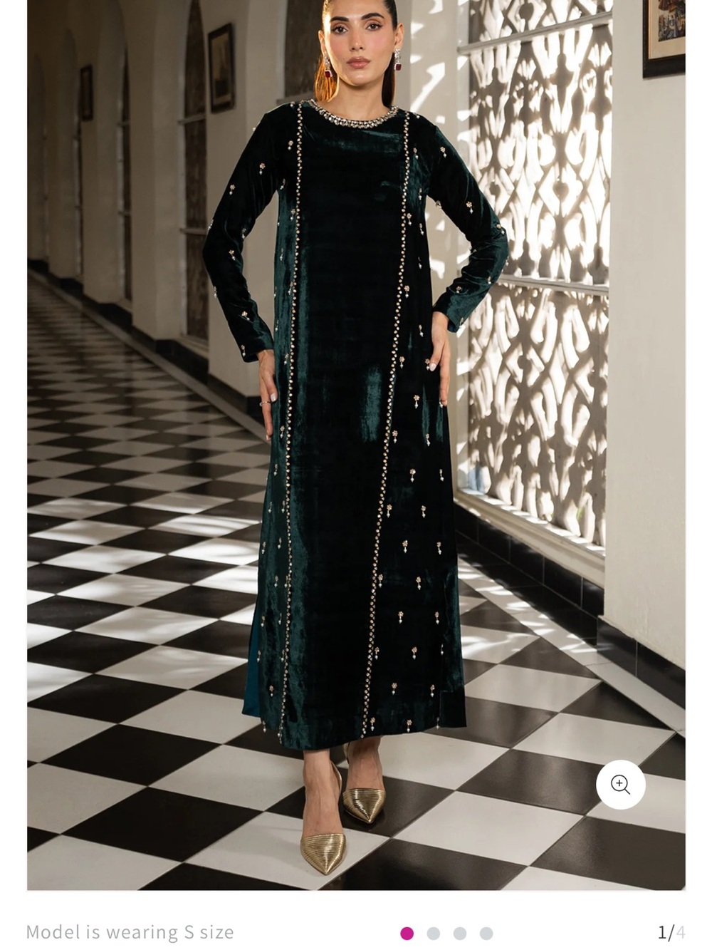 Elegant Dark Green Velvet Long Sleeve Dress with Embellishments